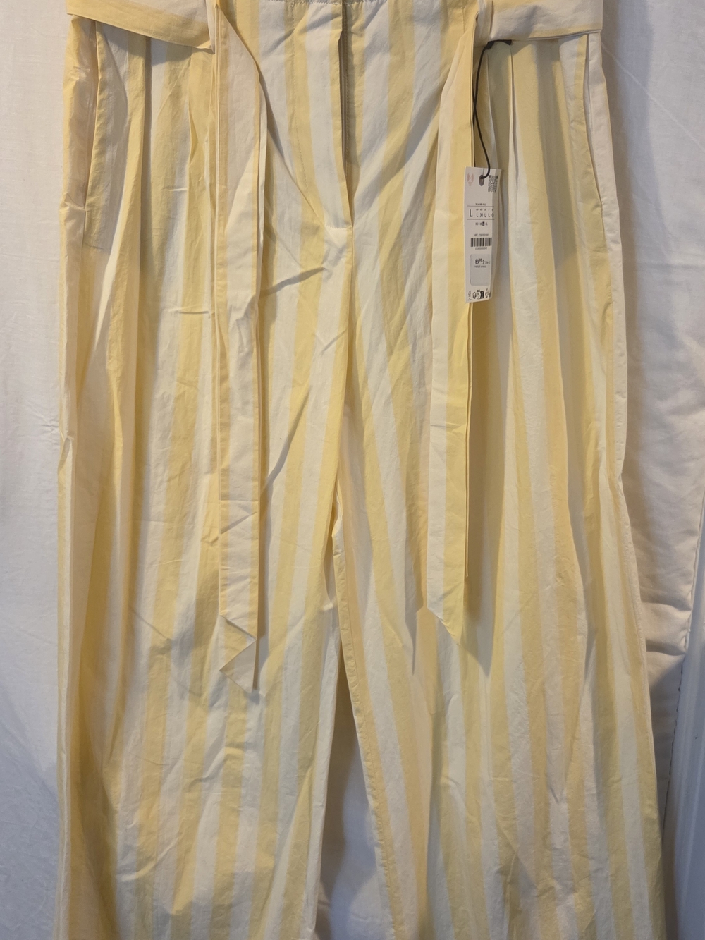 ZARA NWT Yellow White Striped Wide Leg Pants Size L Belted High Waist